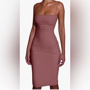 Women's Sexy Bodycon Sleeveless Spaghetti Strap Ruched Club Party Cocktail Midi
